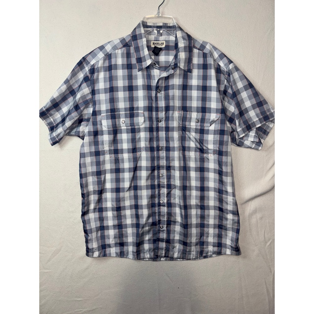 Magellan‎ Mens Large Blue Plaid Fishing Hiking Vented Short Sleeve Shirt